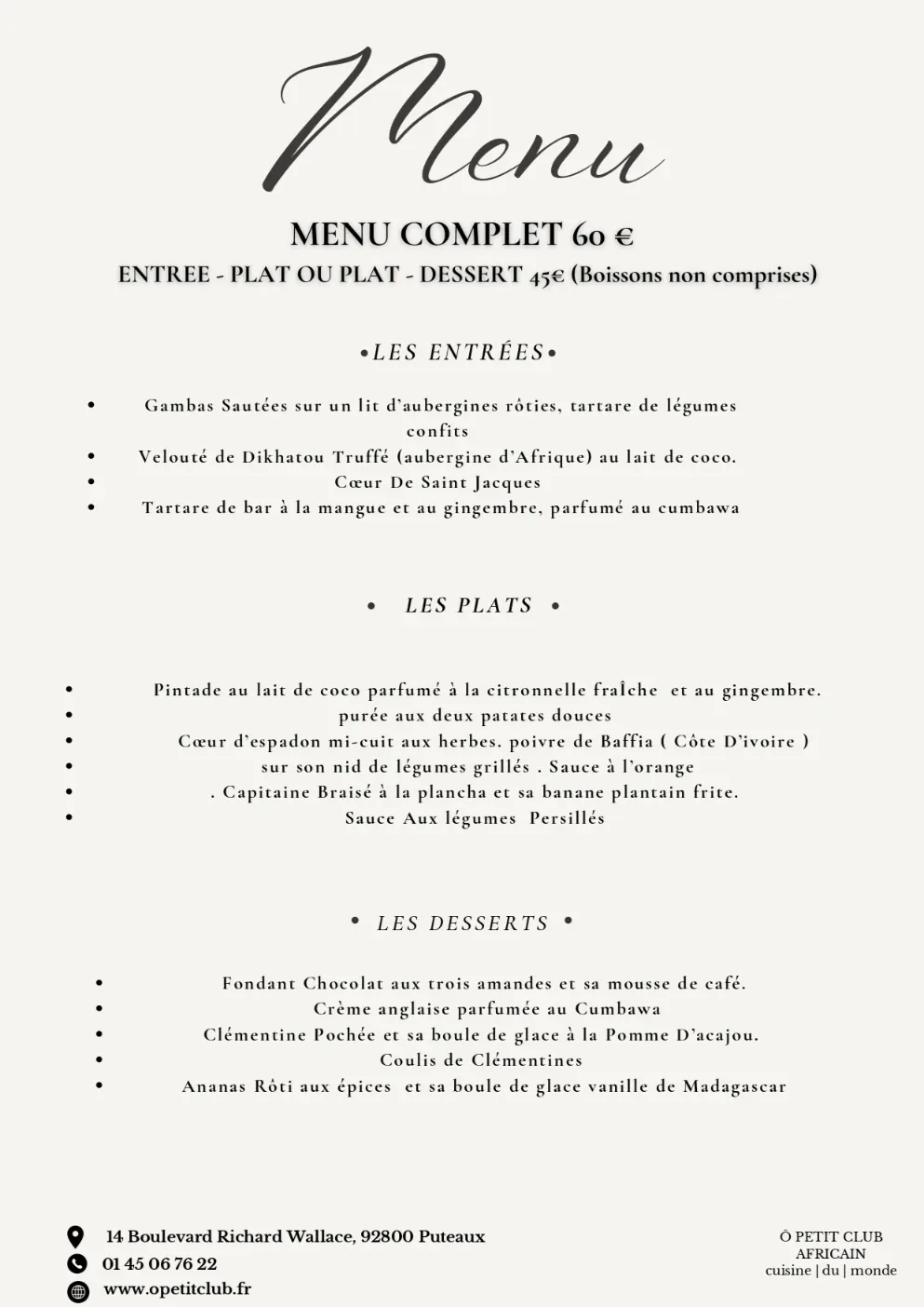 Menu spécial Saint-Valentin 2025, O Petit Club Africain